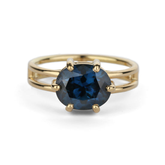 Shimell & Madden Oval Blue Sapphire Six Claw Split Ring | The Cut London