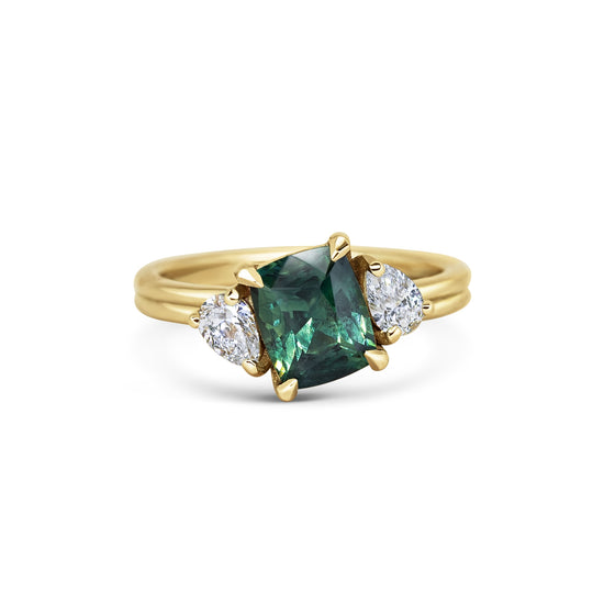 Michelle Oh Asymmetric Teal Sapphire & Diamond Trilogy Ring | The Cut London