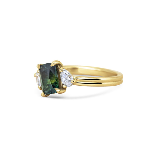 Michelle Oh Asymmetric Teal Sapphire & Diamond Trilogy Ring | The Cut London