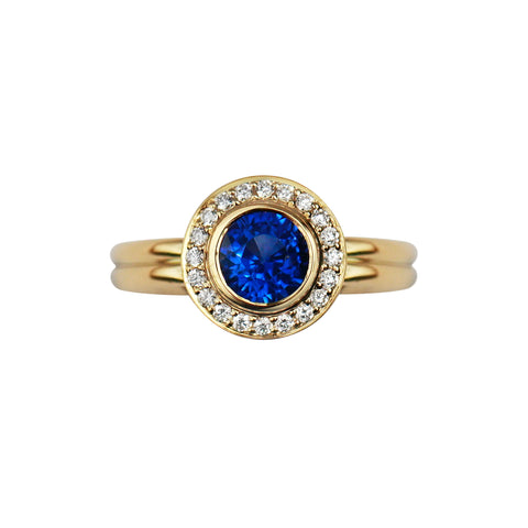 Gee Woods Modern Blue Sapphire Halo Ring