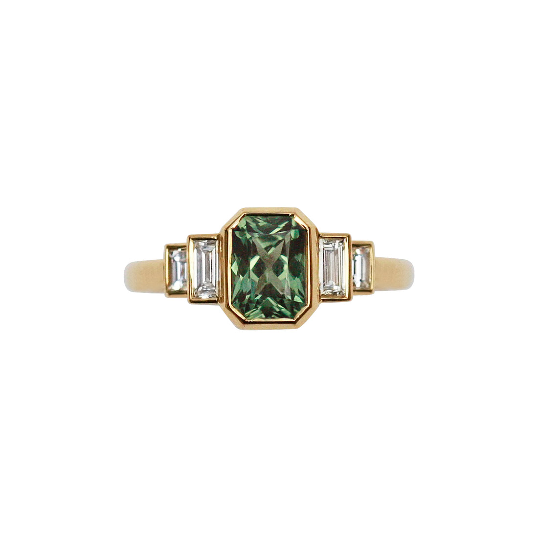  Olive Green Sapphire Deco Style Ring with Baguette Cut White Diamonds by Gee Woods | The Cut London