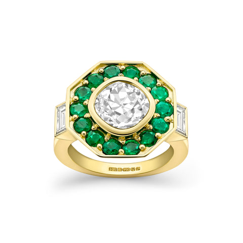 Hattie Rickards Cushion Cut Diamond & Emerald Halo Ring